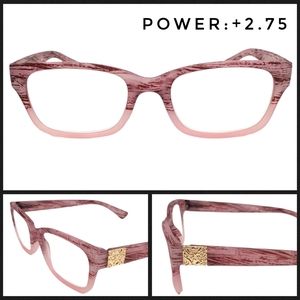 Pink +2.75 Power Rectangle Wood Look Readers, Pink Statement Reading Glasses